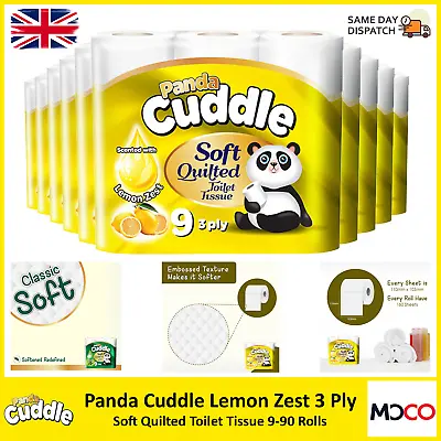 Panda Cuddle White Toilet Tissue Paper Rolls 3 Ply Quilted Lemon Zest 160 Sheets • £6.49