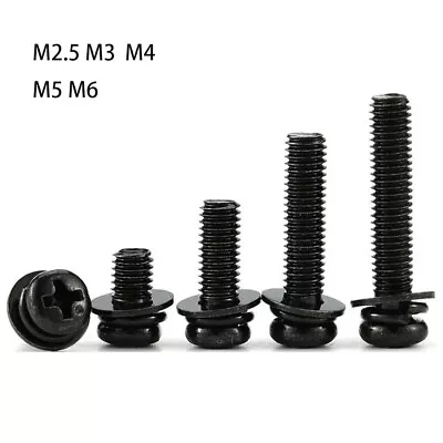 £2.10 • Buy M2.5-M6 Black Zinc Philips Pan Head Three Combination Screws +Spring/Flat Washer