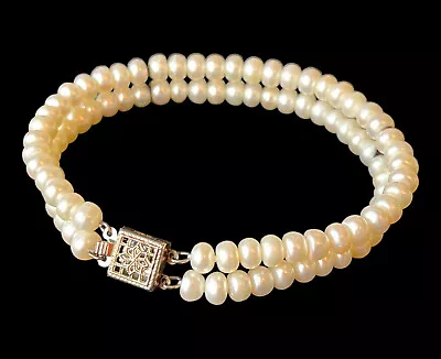 Vintage Art Deck Sterling Silver & Genuine Pearls Bracelet Double Strands • $127.49