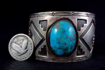 Vintage Hopi Bracelet - Sterling Silver And Turquoise - 77g=2.7oz • $459