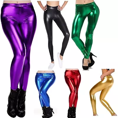 £8.99 • Buy Women Wet Metallic Liquid Look Leggings Shiny Stretch Pants Regular Plus Size