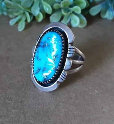 Vtg Navajo 925 Sterling Silver 20mm X 11mm Turquoise Nugget Ring Sz7.25-7.5 #4ny • $32