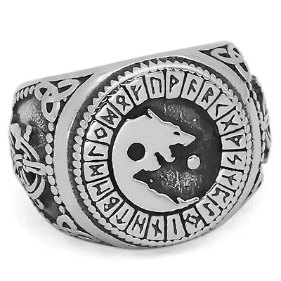 Viking Fenrir Ring Silver Stainless Steel Norse Wolf Signet Band Sizes 9-13 • $19.99