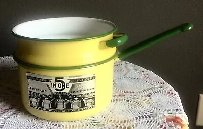 Vintage Yellow & Green Enamalware  5 In 1 Double Boiler Pan Orig Label No Lid • $32.50