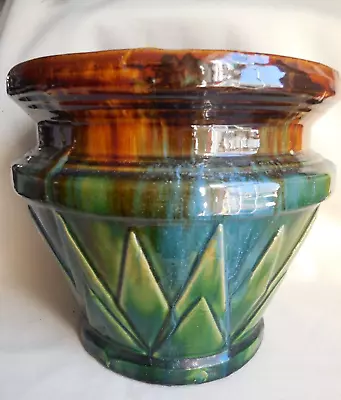 McCoy  Majolica 1920s Art Pottery V Design Green Brown Jardiniere Urn Planter • $64.95