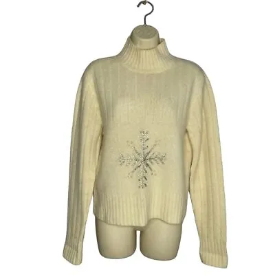 Moda International Snowflake Embellished Cream Turtleneck Sweater Large • $29.99