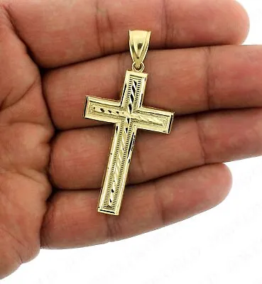 Mens Real 10K Yellow Gold Large Cross Pendant Diamond Cut Jesus Charm • $249.99