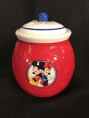 WALT DISNEY Minnie And Mickey Mouse Cookie Jar Candy Canister Red & Blue W/ Lid • $9.99