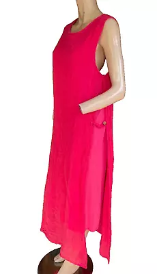 Dreams ~ Long Pink Linen Layered Lagenlook Summer Maxi Dress Free Size 14  16 18 • £19.99