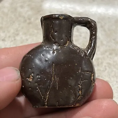 Antique Brown Glazed Miniature Whiskey Jug Crock Stoneware Pottery Handled • $21.95