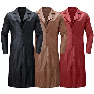 Mens Winter Leather Trench Coat Overcoat Jacket Long Button Jakcet Windproof • £5.99