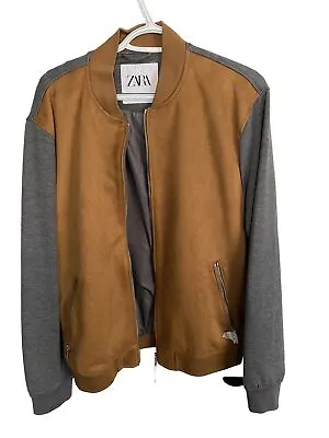 Zara Bomber Jacket Mens Medium Faux Suede Combined Zip Camel Brown Heather Gray • $29