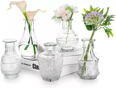 Vintage Clear Glass Bud Vase Glasseam Set Of 5 Crystal Small Mini Flower Decor  • $27.88