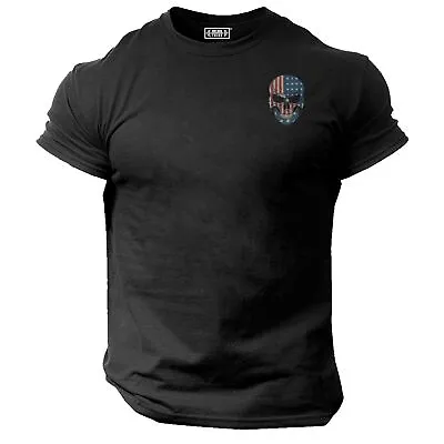 American Skull T Shirt Pocket Gym Clothing Bodybuilding Training Workout MMA Top • £10.99