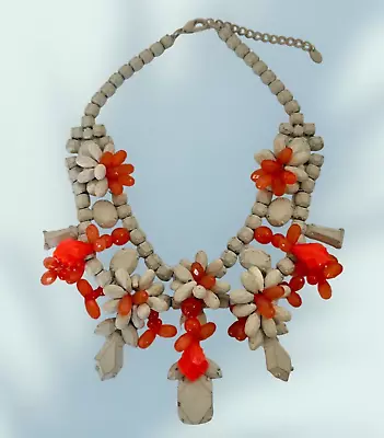 ZARA Grey Enamel Metal & Orange Acrylic Chunky Statement Floral Necklace 17 -19  • $16.50