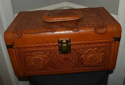 Vtg Pristine Tooled Brown Leather Train Cosmetic Jewelry Case KEY Tray Mirror • $399.99