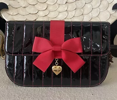 MOSCHINO Vintage Black Patent Leather Red Bow Flap Clutch Bag RARE • $199