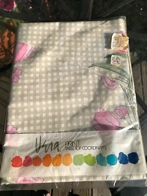 Vtg 1979 NIP NOS Vera 70  Round Tablecloth Tan Gingham Tulip Floral Cloth Fabric • $34.99