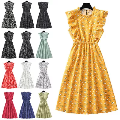£10.70 • Buy Women Polka Dot Floral Short Sleeve Midi Dress Summer Sleeveless Ruffle Sundress