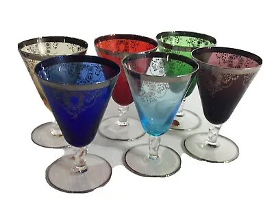Vintage Venetian Glass Goblets Etched Multicolor  Silver Rim Short Stem Floral • $149.99