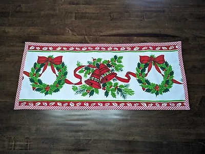 11 X 25.5  CHRISTMAS TABLE RUNNER Made W/VTG/USA XMAS Tablecloth W/Bells-Wreaths • $16.99