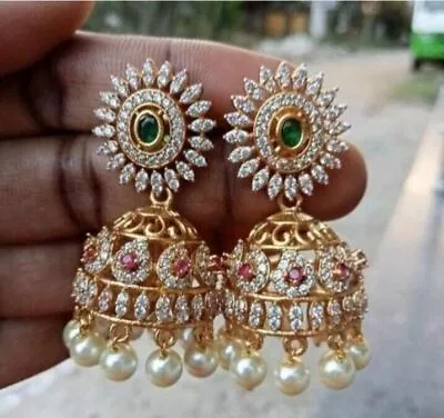 Bollywood Indian Designer Gold Plated FN CZ AD Jhumka Bridal Earring Jewelry Set • $43.23