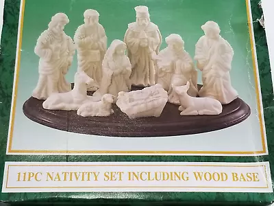 11 Piece Porcelain Nativity Set White Wood Stand Base Figures 3-4” Vintage • $12