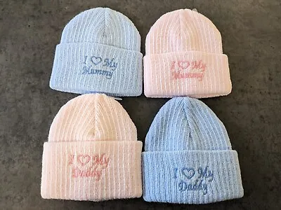 Embroidered Baby Knitted Hats - I Love Mummy And I Love Daddy - Pink Or Blue • £5