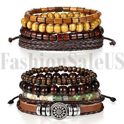 Brown Leather Tribal Beaded Cuff Wristband Bangle Bracelet For Men Women 2 Sets • $12.99