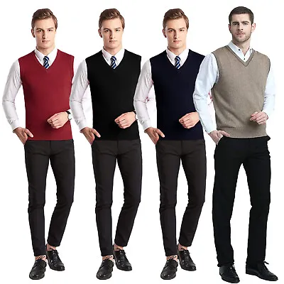 Mens Plain V Neck Sleeveless Fine Sweater Tank Top Jumper Pullover Golf S-5XL • £11.49