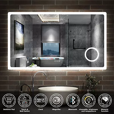 Illuminated Bathroom Mirror With Bluetooth&Magnifier 3 LED ColorsClockFogless • £179.99