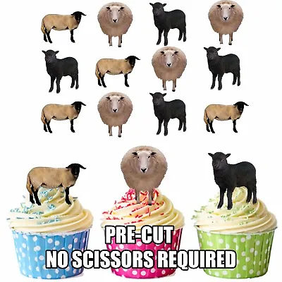 PRECUT Sheep Farm Animals 12 Edible Cupcake Toppers Decorations Birthday Party • £3.99