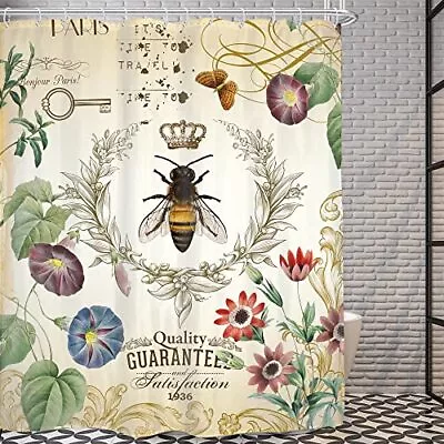 Vintage Bee Shower Curtain 60Wx72L Inch Primitive Wild Flower Floral Country ... • $29.13