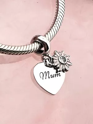 Mum Charm Pink Flower Heart 🌺 925 Sterling Silver Gift • £16.99