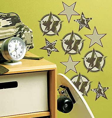 WALLIES CAMOUFLAGE STARS Wall Stickers 18 Decals Military Army Camo Wall Decor • $10.99