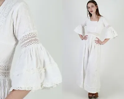 Vtg 70s White Mexican Wedding Dress Crochet Lace Trumpet Bell Slv Pintuck Maxi • $148