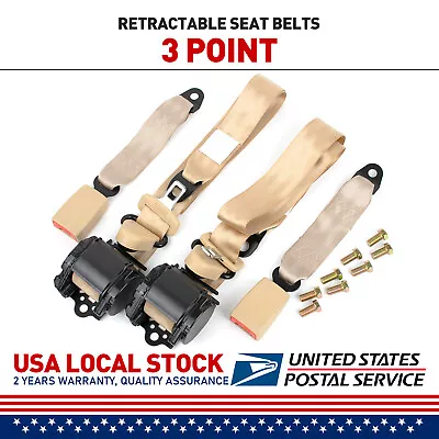 2Set Retractable 3 Point Safety Seat Belt Strap Car Vehicle Adjustable Beige • $42.39