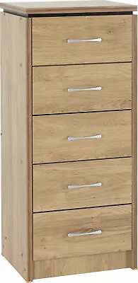 Charles 5 Drawer Narrow Chest Of Drawers Oak Effect Finish With Walnut Trim • £131.99