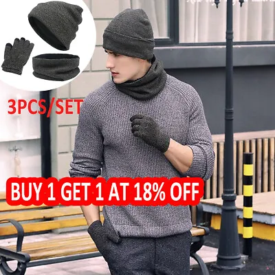 3pcs/set Mens Girl Beanie Hat And Neck Scarf Knitted Gloves Set Winter Warmer • £8.70
