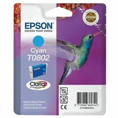£14.93 • Buy Genuine Epson T0802 Cyan Ink For Stylus Photo P50 R265 R285 R360 RX560 RX585 BOX