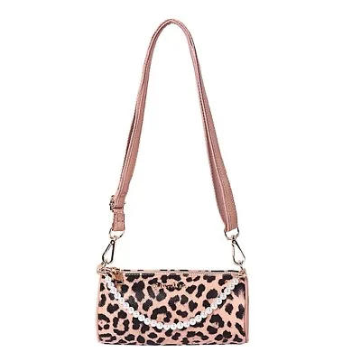 100% Genuine Leather Leopard Pattern Barrel Crossbody Bag In Peach/Black • £33