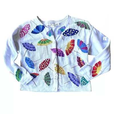 VTG Jane's Closet Cardigan Sz M White Embroidered Umbrellas Festive Beach READ • £62.63