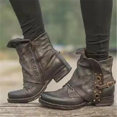 Women Winter UP Leather Vintage Cowboy Warm Boot Shoes Low Heel Short Ankle Boot • $30.49