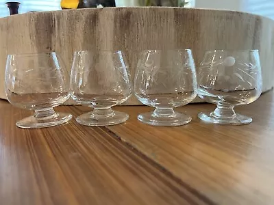 SET 4 Vintage MCM Clear Etched Mini Cordial Brandy Glasses Barware Snifter Glass • $30