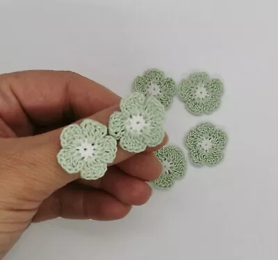 Set Of 3 Tiny Handmade Crochet Light Sage Green Flowers Applique Flower Sewing • £5