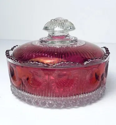 EAPG MANHATTAN Ruby Rose Vanity Powder Jar Cranberry Stained US Glass Box Lid • $59.99