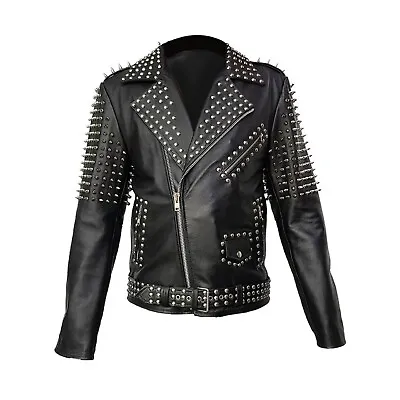 Mens Punk Style Jacket Genuine Black Leather Rock Star Jacket With Spike Studded • £189.99