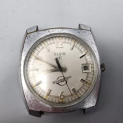 VTG Elgin Swisssonic Watch Men Silver Tone White Dial Date 35mm Round PARTS • $14.99