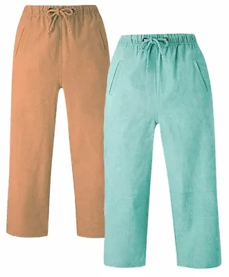 Anthology 2pack Ladies Elastic Waist Woven Cotton Crop Trousers Size 10 12 14 16 • £14.99