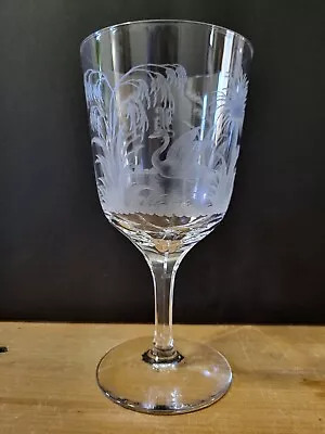 Antique Wheel Etched Crystal Wine Glass Goblet Swan Ferns Greenery Mono H • $89